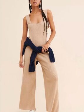 WeWoreWhat Cream Knit Wide-Leg Scoop-Neck Jumpsuit
